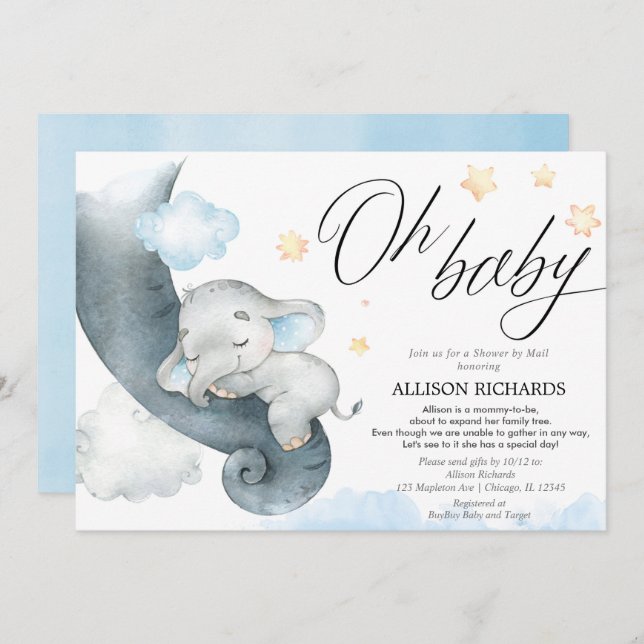Long distance baby shower by mail elephant shower invitation (Front/Back)