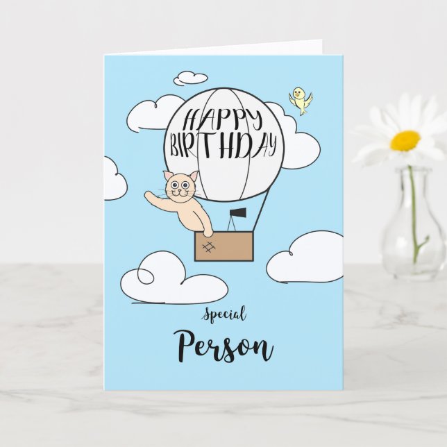 Long Distance Birthday Cat in Hot Air Balloon      Card (Small Plant)