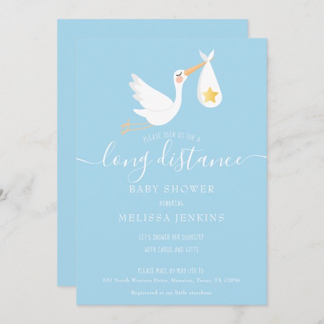 Long Distance Shower By Mail Stork Star Blue Invitation (Front/Back)