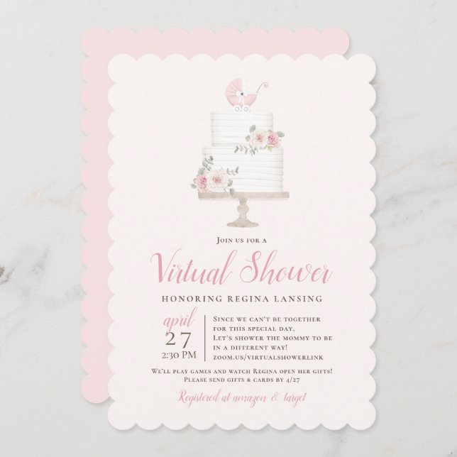 Long Distance Virtual Shower Pink Pram Cake Invitation (Front/Back)