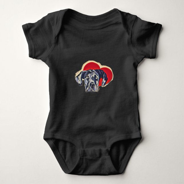 Long Eared Harlequin Dane PopArt Love Heart Baby Bodysuit (Front)