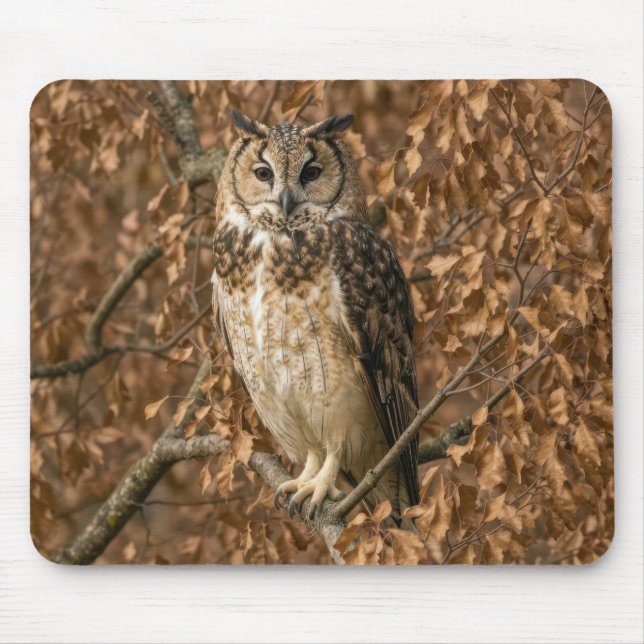 Long-eared Owl Hiding in Brown Leaves Mouse Pad (Front)