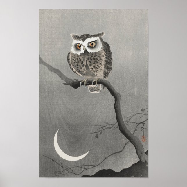 Long-Eared Owl on Tree Branch (1900–1930) by Ohara Poster (Front)