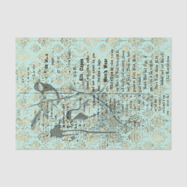 Long French Vintage Teal Bird Tissue Paper (Front)