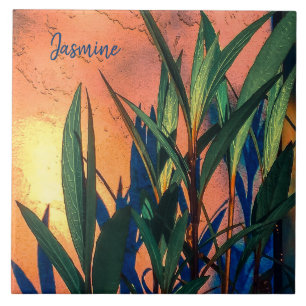 Long Green Leaves, Blue Shadows Ceramic Tile