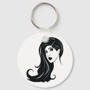 Long Hair Beautiful Woman Fashion Art Key Ring