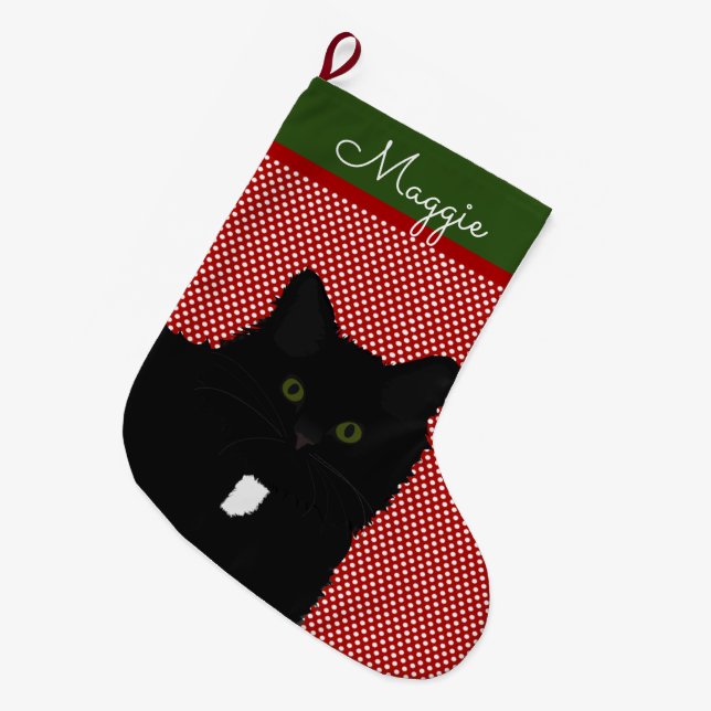 Long Hair Black Cat Personalised Large Christmas Stocking (Front (Hanging))