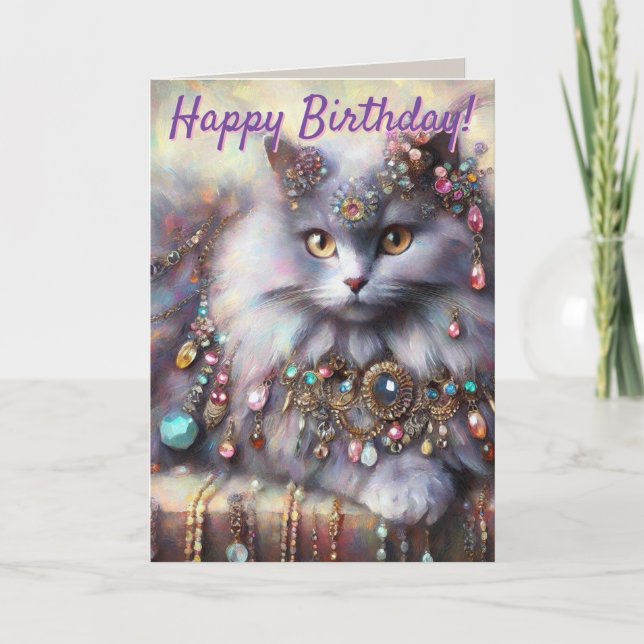 Long Hair Cat Jewels Personalised Birthday Card (Front)