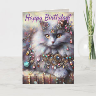 Long Hair Cat Jewels Personalized Birthday Card
