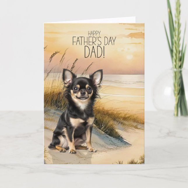 Long Hair Chihuahua Dog Sunset Beach Father's Day Holiday Card (Front)