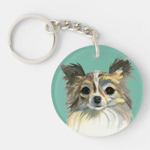 Long Hair Chihuahua Watercolor Portrait Key Ring