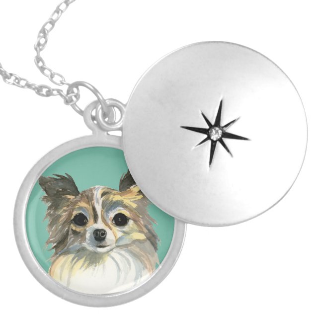 Long Hair Chihuahua Watercolor Portrait Silver Plated Necklace (Front)