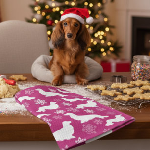 Long Hair Dachshund Christmas Gift Fuchsia   Tea Towel
