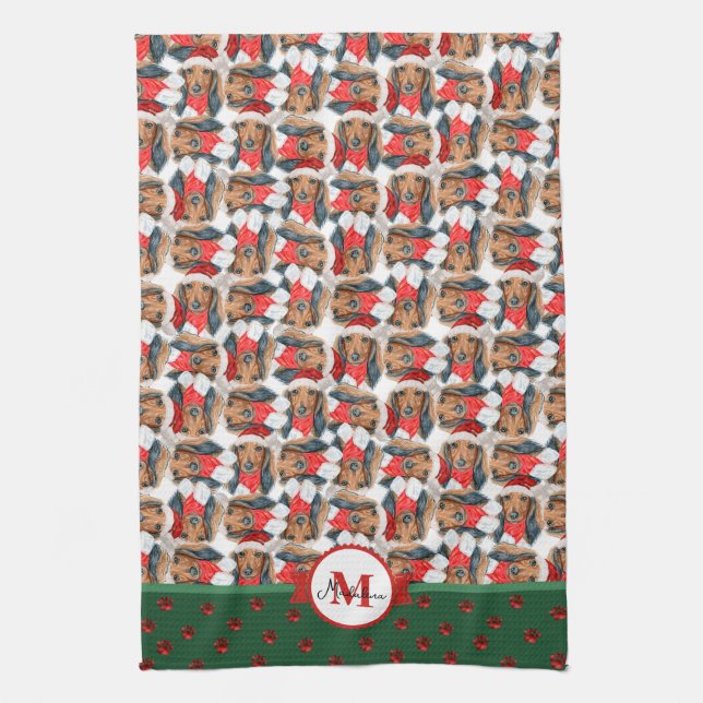 Long Hair Dachshund Pattern Monogram Christmas Dog Tea Towel (Vertical)