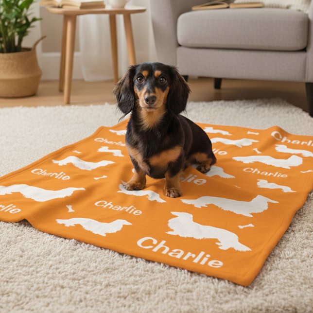 Long Hair Dachshund Personalised Doxie Blanket  (Blanket personalized super soft dachshund blanket orange and more colors available. )