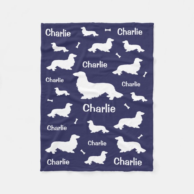 Long Hair Dachshund Personalised Navy Blanket  (Front)