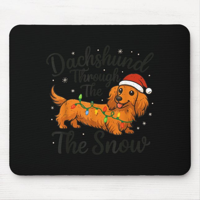 Long Hair Dachshund Through Snow Christmas Pajamas Mouse Pad (Front)