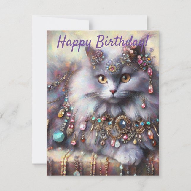 Long Hair Grey Cat Jewels Gemstones Birthday Card (Front)
