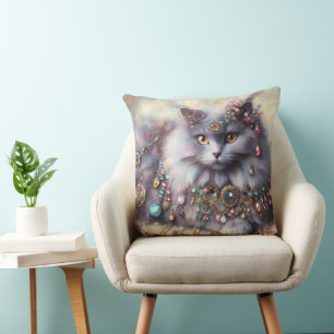 Long Hair Grey Cat w/Jewels Gemstones Painting Cushion