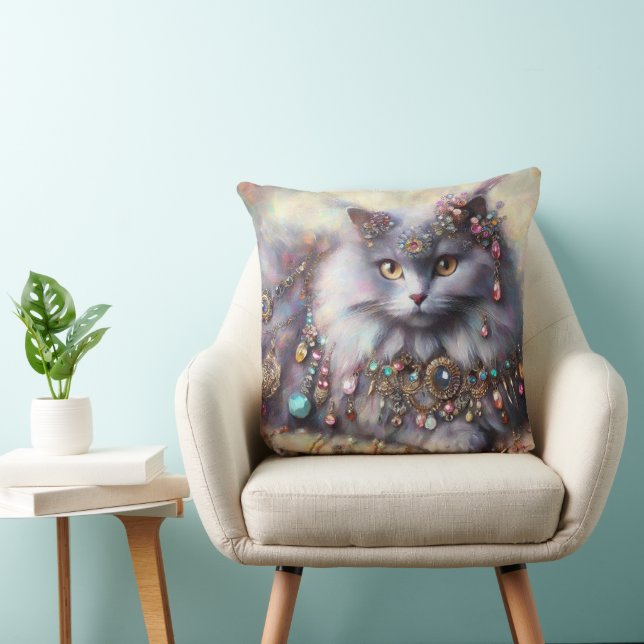 Long Hair Grey Cat w/Jewels Gemstones Painting Cushion (Chair)