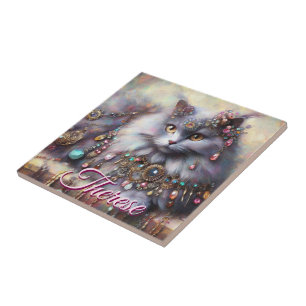 Long Hair Grey Cat w/Jewels Gemstones Personalised Ceramic Tile