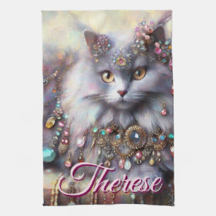 Long Hair Grey Cat w/Jewels Gemstones Personalised Tea Towel