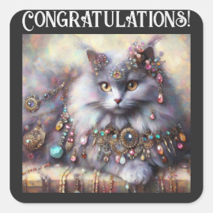 Long Hair Grey Kitty Cat Wearing Jewellery Gemston Square Sticker