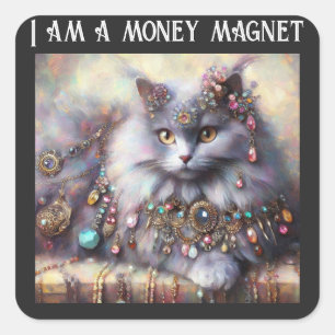 Long Hair Grey Kitty Cat Wearing Jewellery Gemston Square Sticker