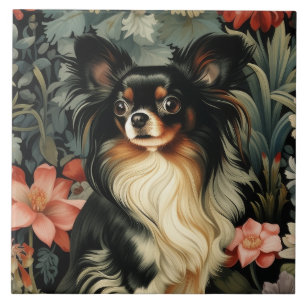 Long Hair Tricolor Chihuahua in a Vintage Garden Ceramic Tile