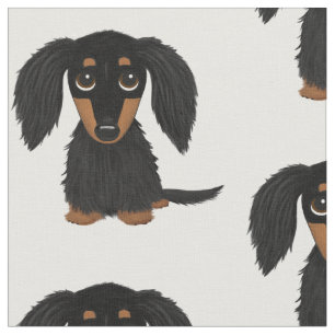 Long Haired Black and Tan Dachshund Cartoon Dog Fabric