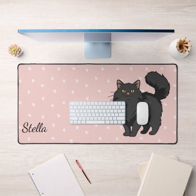 Long Haired Black Cat Mum Personalised Desk Mat (Office 1)