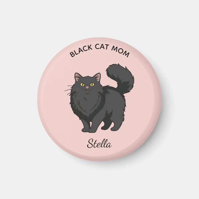 Long Haired Black Cat Mum Personalised Magnet (Front)