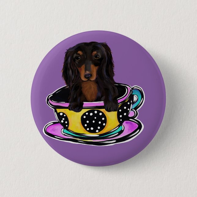 Long Haired Black Doxie 6 Cm Round Badge (Front)