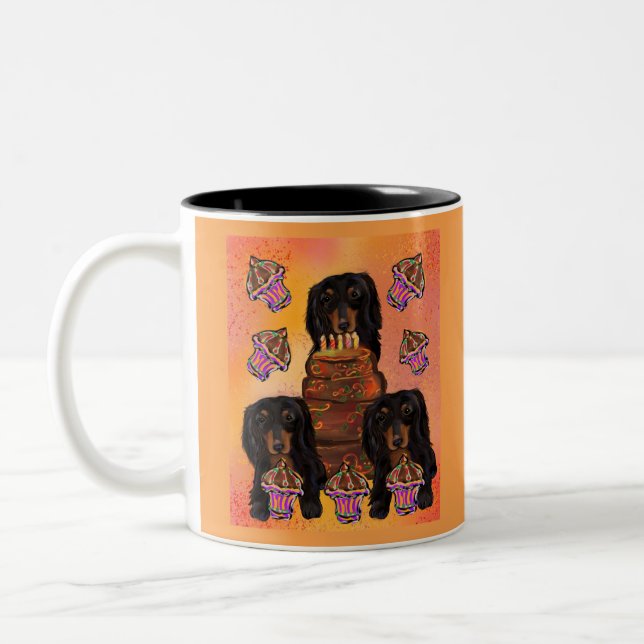 Long Haired Black Doxies Two-Tone Coffee Mug (Left)