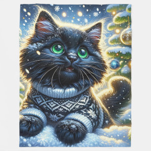 “Long-Haired Black Kitten’s First Christmas” Fleece Blanket