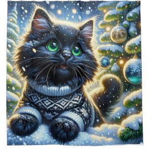 “Long-Haired Black Kitten’s First Christmas” Shower Curtain