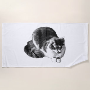 Long‑Haired Cat Crouching Monochrome Towel