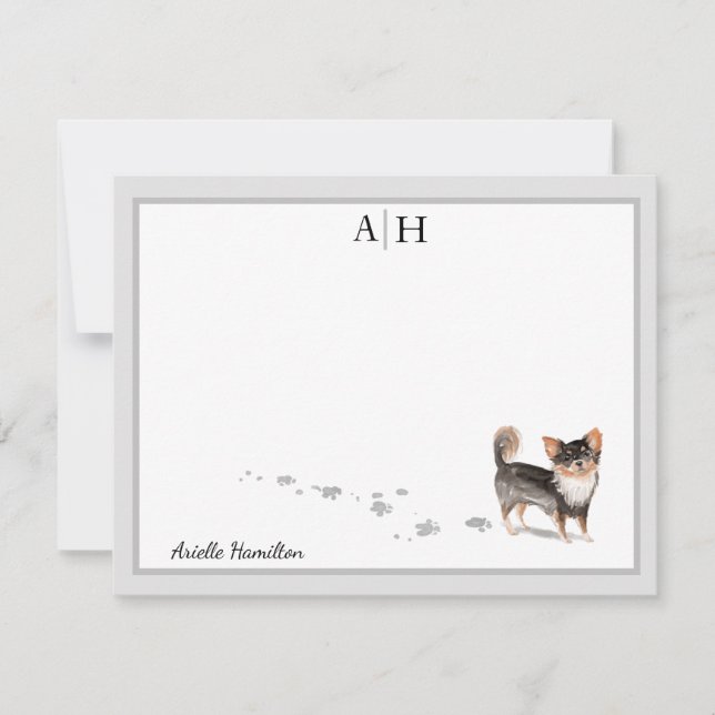 Long Haired Chihuahua Dog Grey Border Monogram Card (Front)
