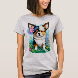 Long Haired Chihuahua Floral Watercolor Garden T-Shirt
