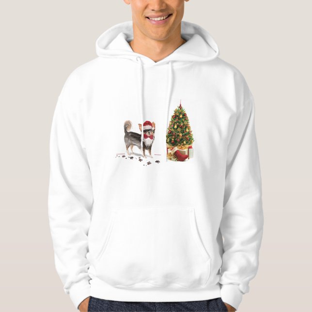 Long Haired Chihuahua Funny Christmas Dog Tree Hoodie (Front)