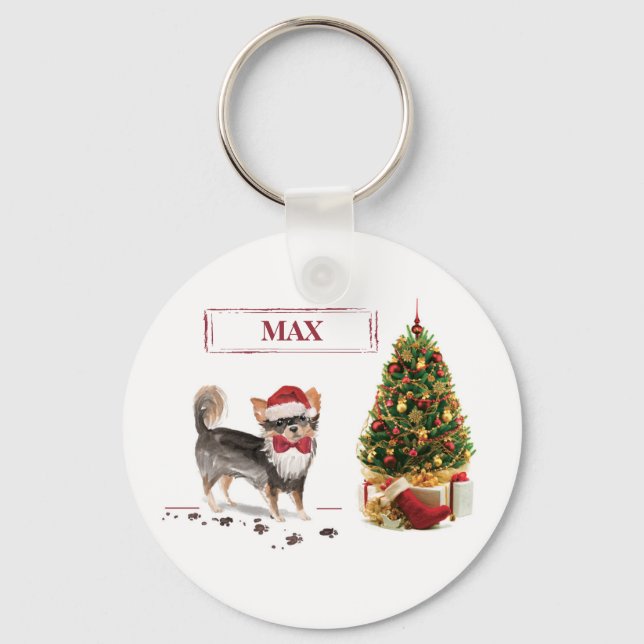 Long Haired Chihuahua Funny Christmas Dog Tree Key Ring (Front)