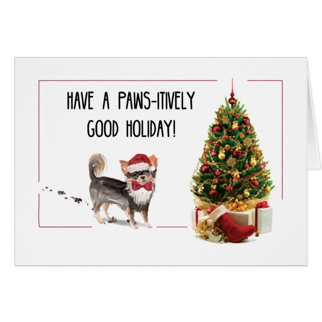Long Haired Chihuahua Funny Christmas Dog w/ Tree (Front Horizontal)