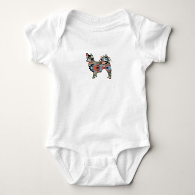 Long Haired Chihuahua Geo Silhouette Plaid Baby Bodysuit (Front)