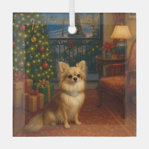 Long-haired Chihuahua Holiday  Glass Tree Decoration