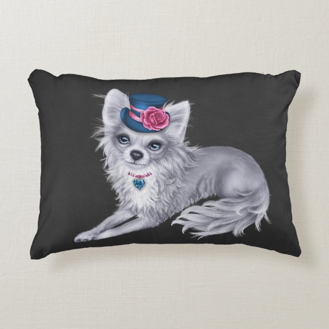 Long Haired Chihuahua Pillow wearing Hat with Flow (Front)