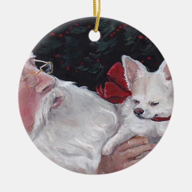 Long Haired Chihuahua& Santa Dog Art Ornament (Front)
