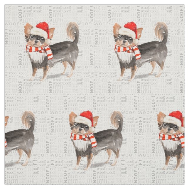 Long-Haired Chihuahua Santa Dog Woof Word Art Fabric (Swatch)