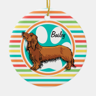 Long-haired Dachshund; Bright Rainbow Stripes Ceramic Tree Decoration