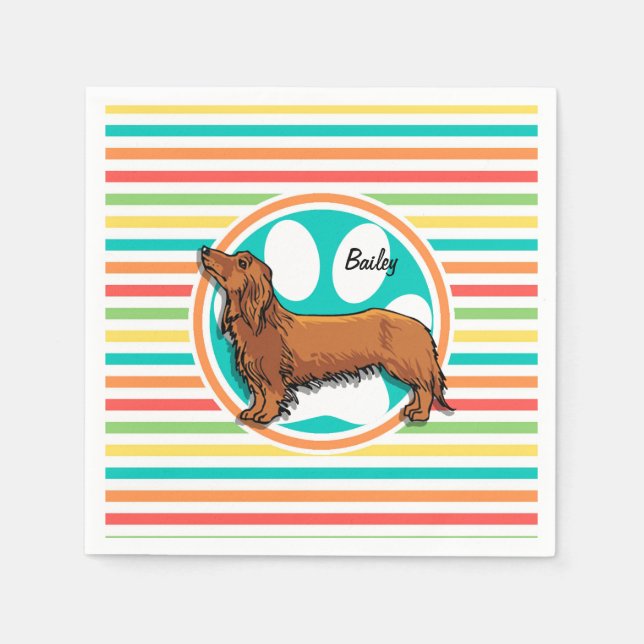Long-haired Dachshund; Bright Rainbow Stripes Napkin (Front)