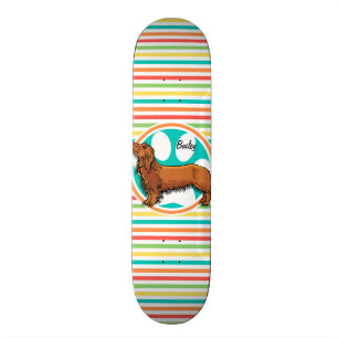 Long-haired Dachshund; Bright Rainbow Stripes Skateboard